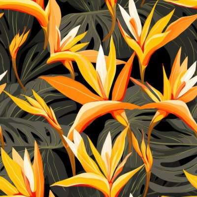 Papier peint  Seamless tropical pattern with flowers. tropical plants, simple, flat style, Strelitzia plant,