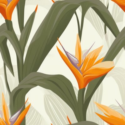 Papier peint  Seamless tropical pattern with flowers. tropical plants, simple, flat style, Strelitzia plant,