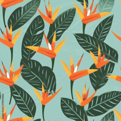 Papier peint  Seamless tropical pattern with flowers. tropical plants, simple, flat style, Strelitzia plant,