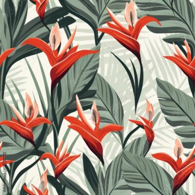 Papier peint  Seamless tropical pattern with flowers. tropical plants, simple, flat style, Strelitzia plant,