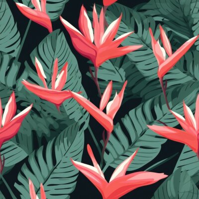 Papier peint  Seamless tropical pattern with flowers. tropical plants, simple, flat style, Strelitzia plant,