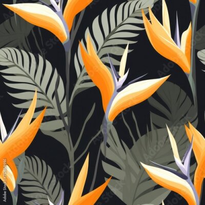 Papier peint  Seamless tropical pattern with flowers. tropical plants, simple, flat style, Strelitzia plant,