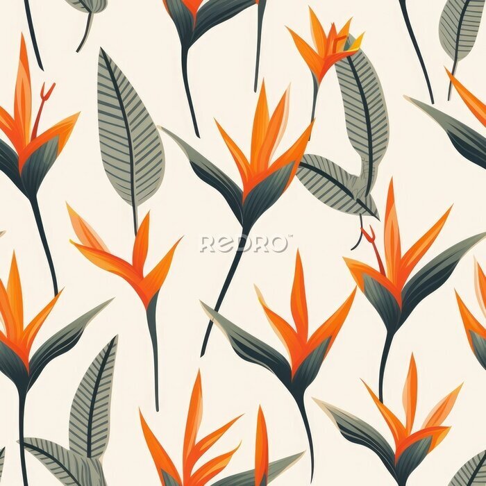 Papier peint  Seamless tropical pattern with flowers. tropical plants, simple, flat style, Strelitzia plant,