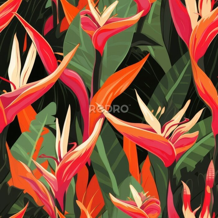 Papier peint  Seamless tropical pattern with flowers. tropical plants, simple, flat style, Strelitzia plant,