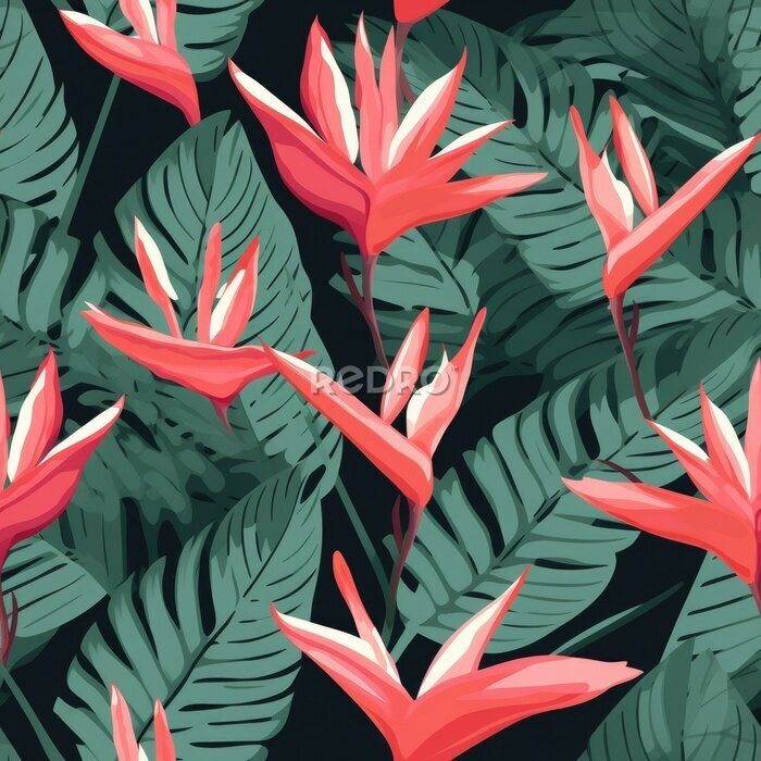 Papier peint  Seamless tropical pattern with flowers. tropical plants, simple, flat style, Strelitzia plant,