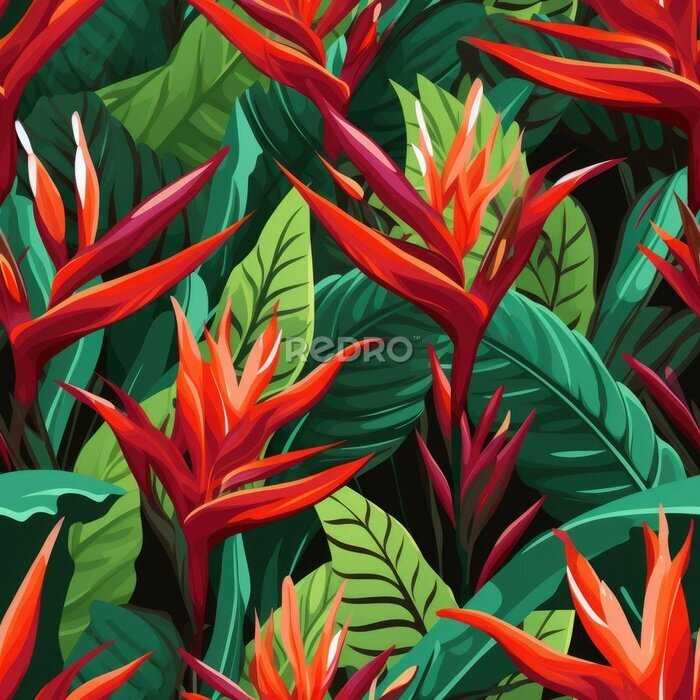 Papier peint  Seamless tropical pattern with flowers. tropical plants, simple, flat style, Strelitzia plant,