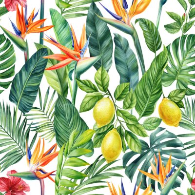 Papier peint  Seamless tropical pattern with lemon fruits, palm leaves and strelitzia flowers. watercolor painting illustration. 