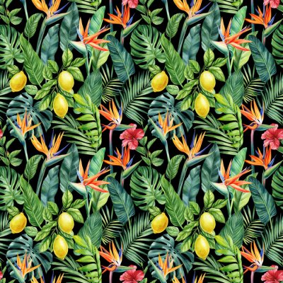 Papier peint  Seamless tropical pattern with lemon fruits, palm leaves and strelitzia flowers. watercolor painting illustration. 