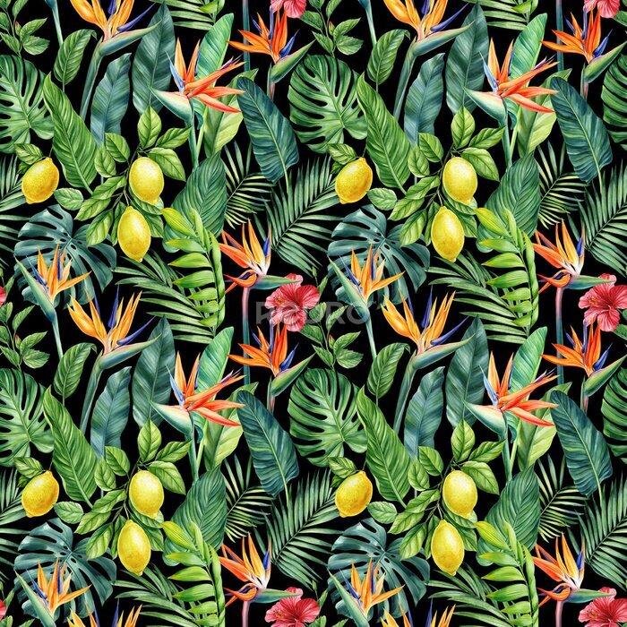 Papier peint  Seamless tropical pattern with lemon fruits, palm leaves and strelitzia flowers. watercolor painting illustration. 