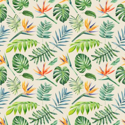 Papier peint  Seamless tropical pattern with palm leaves and strelitzia flowers. Watercolor bird of paradise