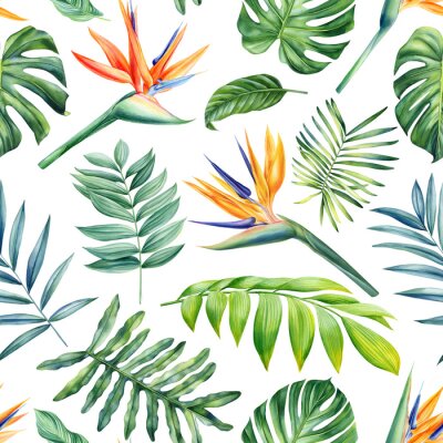 Papier peint  Seamless tropical pattern with palm leaves and strelitzia flowers. Watercolor bird of paradise