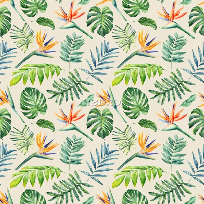 Papier peint  Seamless tropical pattern with palm leaves and strelitzia flowers. Watercolor bird of paradise