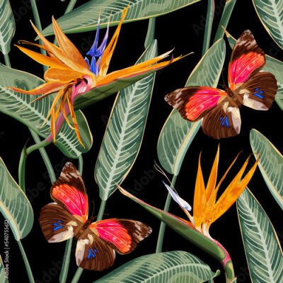 Papier peint  Seamless tropical pattern with pink butterfly, flowers and leaves of Strelitzia Reginae. Realistic style, neon colors. Exotic flowers, called the bird of paradise. Stock vector illustration.