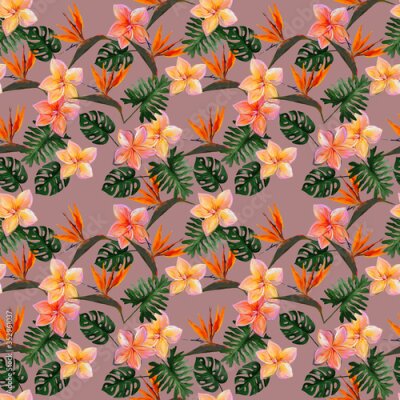 Papier peint  Seamless tropical pattern with plumeria and strelitzia with leaves on beige background. Seamless pattern with colorful leaves of colocasia, filodendron, monstera. Exotic wallpaper. Hawaiian style