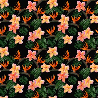 Papier peint  Seamless tropical pattern with plumeria and strelitzia with leaves on black background. Seamless pattern with colorful leaves of colocasia, filodendron, monstera. Exotic wallpaper. Hawaiian style