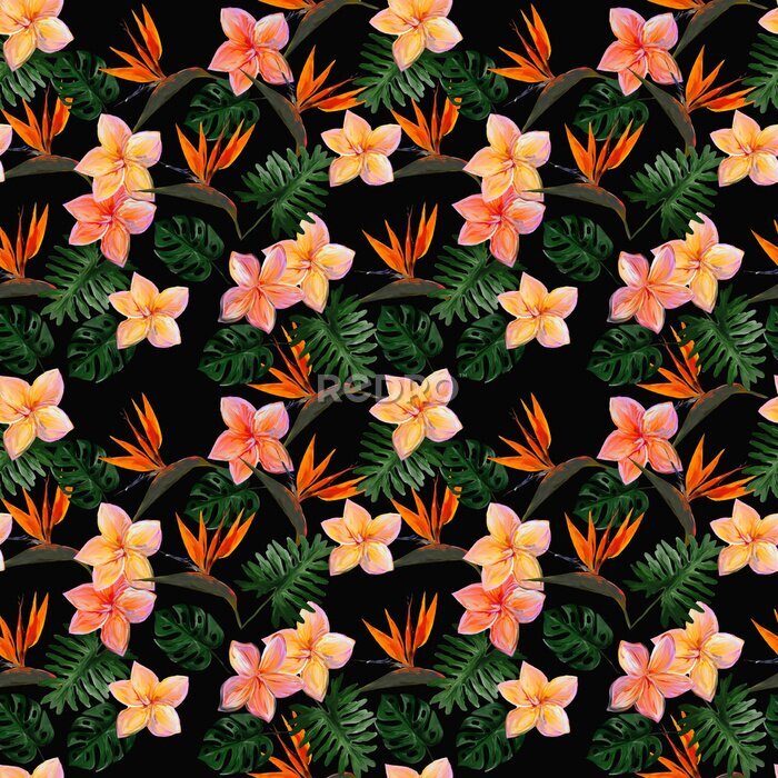 Papier peint  Seamless tropical pattern with plumeria and strelitzia with leaves on black background. Seamless pattern with colorful leaves of colocasia, filodendron, monstera. Exotic wallpaper. Hawaiian style