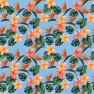 Papier peint  Seamless tropical pattern with plumeria and strelitzia with leaves on blue background. Seamless pattern with colorful leaves of colocasia, filodendron, monstera. Exotic wallpaper. Hawaiian style