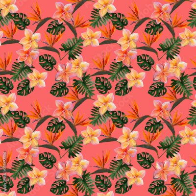 Papier peint  Seamless tropical pattern with plumeria and strelitzia with leaves on coral background. Seamless pattern with colorful leaves of colocasia, filodendron, monstera. Exotic wallpaper. Hawaiian style