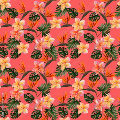 Papier peint  Seamless tropical pattern with plumeria and strelitzia with leaves on coral background. Seamless pattern with colorful leaves of colocasia, filodendron, monstera. Exotic wallpaper. Hawaiian style