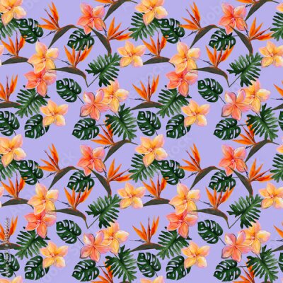 Papier peint  Seamless tropical pattern with plumeria and strelitzia with leaves on lilac background. Seamless pattern with colorful leaves of colocasia, filodendron, monstera. Exotic wallpaper. Hawaiian style.
