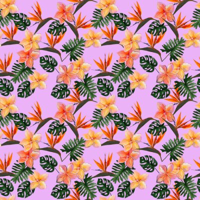 Papier peint  Seamless tropical pattern with plumeria and strelitzia with leaves on pink background. Seamless pattern with colorful leaves of colocasia, filodendron, monstera. Exotic wallpaper. Hawaiian style.