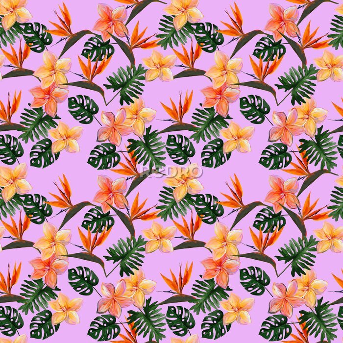 Papier peint  Seamless tropical pattern with plumeria and strelitzia with leaves on pink background. Seamless pattern with colorful leaves of colocasia, filodendron, monstera. Exotic wallpaper. Hawaiian style.