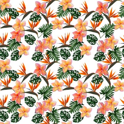 Papier peint  Seamless tropical pattern with plumeria and strelitzia with leaves on white background. Seamless pattern with colorful leaves of colocasia, filodendron, monstera. Exotic wallpaper. Hawaiian style