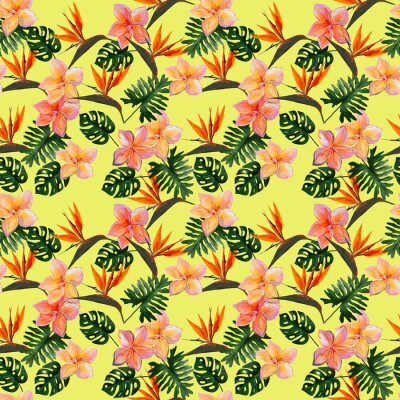 Papier peint  Seamless tropical pattern with plumeria and strelitzia with leaves on yellow background. Seamless pattern with colorful leaves of colocasia, filodendron, monstera. Exotic wallpaper. Hawaiian style.