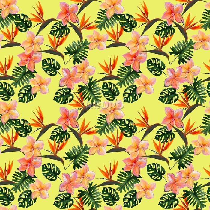 Papier peint  Seamless tropical pattern with plumeria and strelitzia with leaves on yellow background. Seamless pattern with colorful leaves of colocasia, filodendron, monstera. Exotic wallpaper. Hawaiian style.
