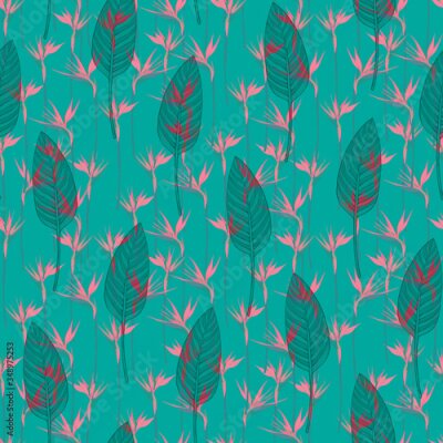 Papier peint  Seamless tropical pattern with strelitzia and leaves, hand drawn illustration