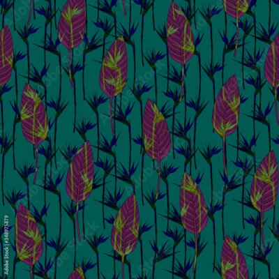 Papier peint  Seamless tropical pattern with strelitzia and leaves, hand drawn illustration