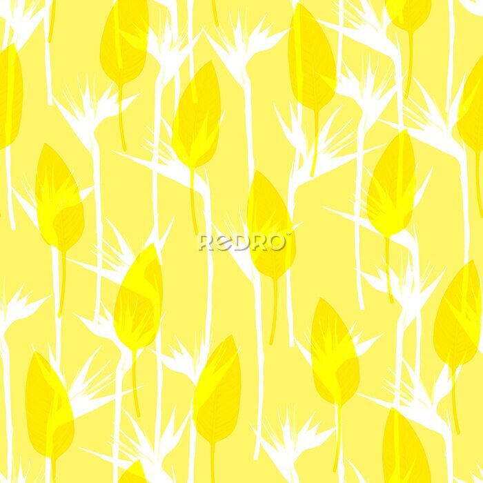 Papier peint  Seamless tropical pattern with strelitzia and leaves, hand drawn illustration