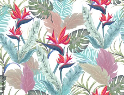 Papier peint  Seamless tropical pattern with strelitzia floral, palm leaves and monstera. Vector patch for wallpapers, fabric, surface textures, textile.