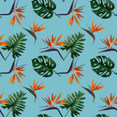 Papier peint  Seamless tropical pattern with  strelitzia with leaves on light blue  background. Seamless pattern with colorful leaves of colocasia, filodendron, monstera. Exotic wallpaper. Hawaiian style.