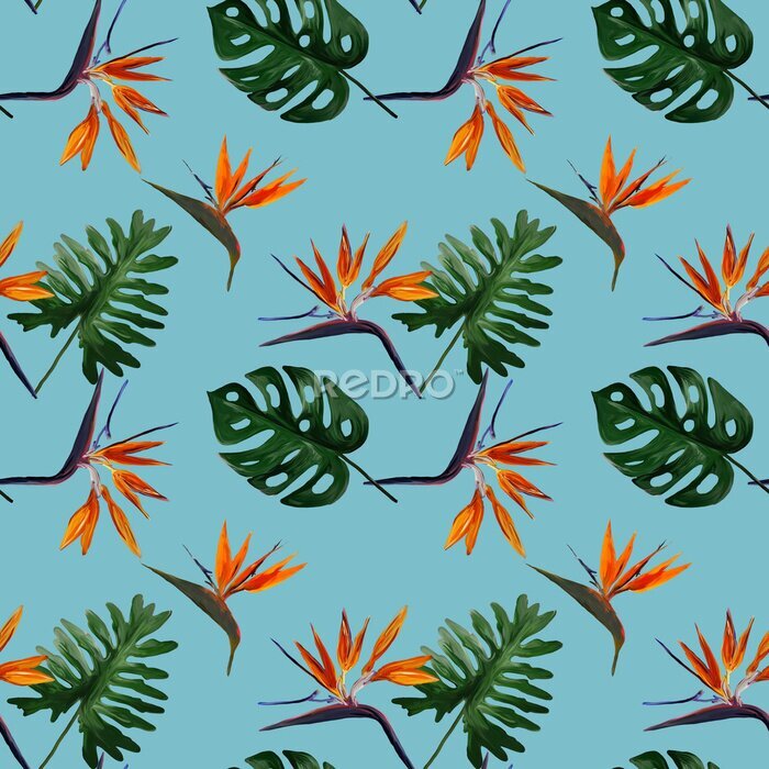 Papier peint  Seamless tropical pattern with  strelitzia with leaves on light blue  background. Seamless pattern with colorful leaves of colocasia, filodendron, monstera. Exotic wallpaper. Hawaiian style.