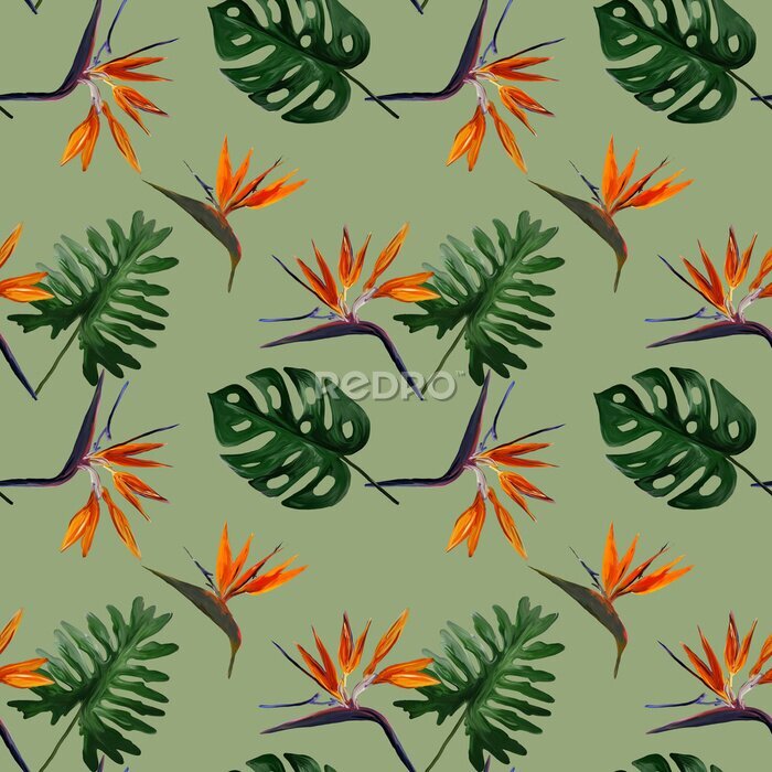 Papier peint  Seamless tropical pattern with  strelitzia with leaves on olive background. Seamless pattern with colorful leaves of colocasia, filodendron, monstera. Exotic wallpaper. Hawaiian style.