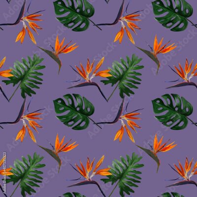 Papier peint  Seamless tropical pattern with  strelitzia with leaves on purple background. Seamless pattern with colorful leaves of colocasia, filodendron, monstera. Exotic wallpaper. Hawaiian style.