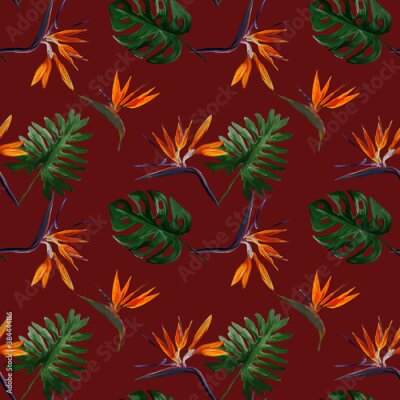 Papier peint  Seamless tropical pattern with  strelitzia with leaves on red  background. Seamless pattern with colorful leaves of colocasia, filodendron, monstera. Exotic wallpaper. Hawaiian style.