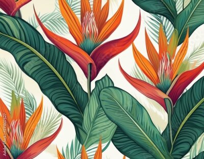 Papier peint  seamless tropical pattern with strelitzia with leaves on white background seamless pattern with colorful leaves of colocasia filodendron monstera exotic wallpaper hawaiian style