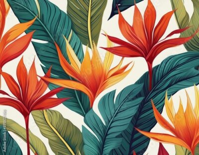 Papier peint  seamless tropical pattern with strelitzia with leaves on white background seamless pattern with colorful leaves of colocasia filodendron monstera exotic wallpaper hawaiian style