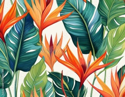 Papier peint  seamless tropical pattern with strelitzia with leaves on white background seamless pattern with colorful leaves of colocasia filodendron monstera exotic wallpaper hawaiian style