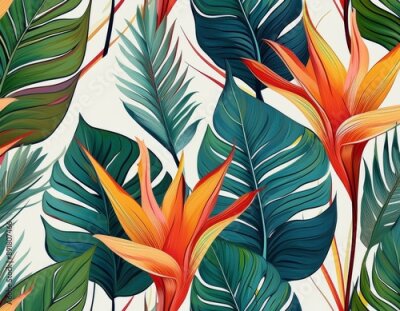 Papier peint  seamless tropical pattern with strelitzia with leaves on white background seamless pattern with colorful leaves of colocasia filodendron monstera exotic wallpaper hawaiian style