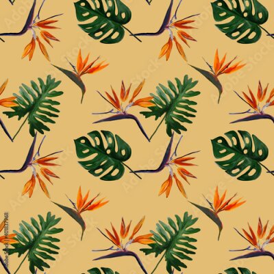 Papier peint  Seamless tropical pattern with  strelitzia with leaves on yellow  background. Seamless pattern with colorful leaves of colocasia, filodendron, monstera. Exotic wallpaper. Hawaiian style.