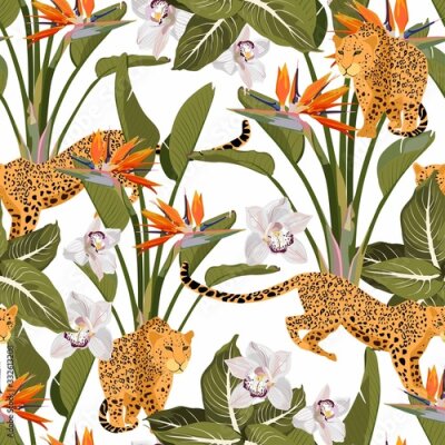 Papier peint  Seamless tropical safari pattern background with leopard, palms, and exotic Strelitzia flowers isolated on white background. Perfect for wallpapers, web page backgrounds, surface textures.