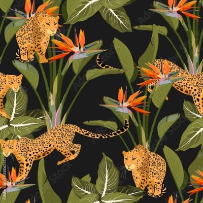Papier peint  Seamless tropical safari pattern background with leopard, palms, strelitzia flowers isolated on black background. Perfect for wallpapers, web page backgrounds, surface textures.