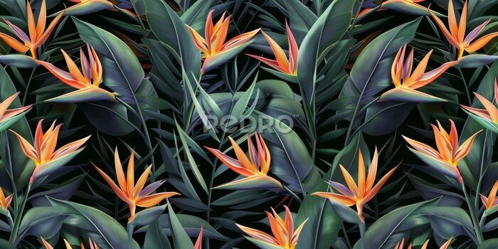 Papier peint  Seamless tropical strelitzia flowers, palm leaves in green color. 3d vintage illustration, dark background, premium texture, art. Luxury wallpaper, dark mural, cloth, curtains, poster, Generative AI