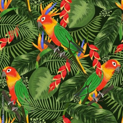 Papier peint  Seamless vector floral summer pattern background with tropical palm leaves and parrot. Vector textures with flowers heliconia and strelitzia