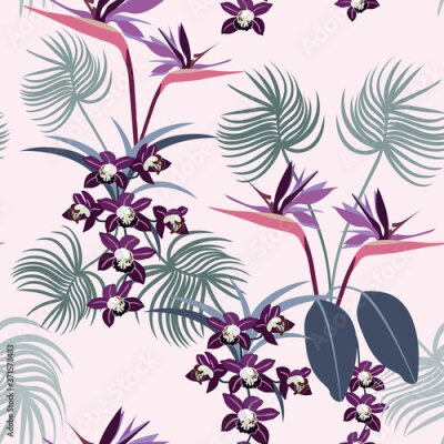 Papier peint  Seamless vector illustration with flowers of orchids and strelitzia