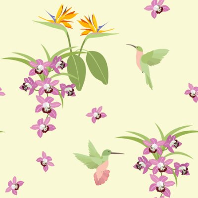 Papier peint  Seamless vector illustration with flowers of orchids, strelitzia and hummingbirds on a yellow background. For decorating textiles, packaging, web design.