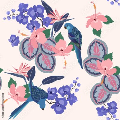 Papier peint  Seamless vector illustration with orchids, hibiscus, strelitzia and parrot on a white background.